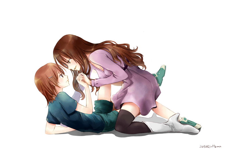 2girls, brown_eyes, brown_hair, casual, dress, hair_ornament, hairpin, lllllsual, long_hair, misaka_mikoto, mugino_shizuri, multiple_girls, shorts, to_aru_kagaku_no_railgun, to_aru_majutsu_no_index