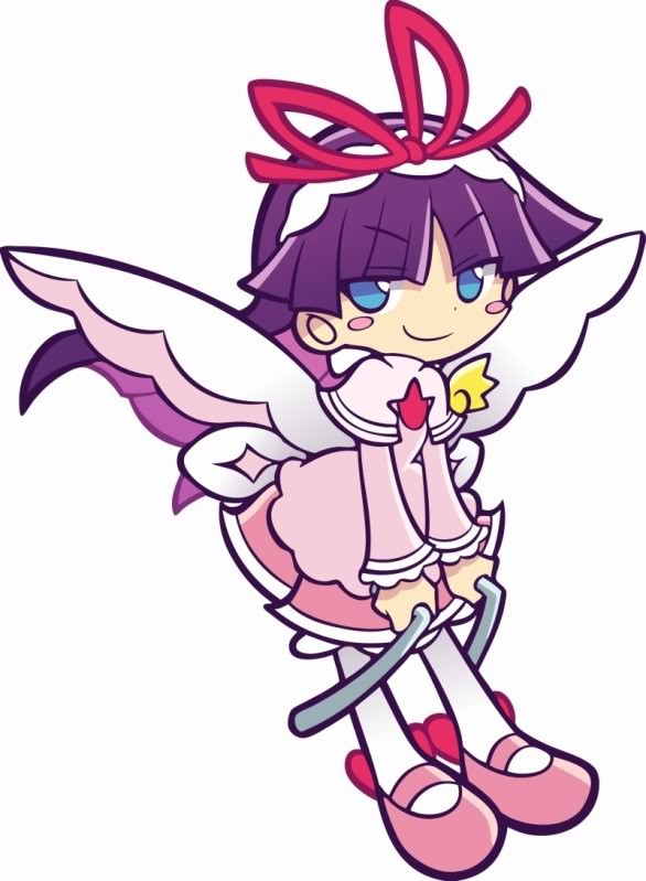 1girl, blue_eyes, dress, feli_(puyopuyo), hairband, long_hair, mary_janes, official_art, pantyhose, pink_dress, purple_hair, puyopuyo, puyopuyo_artstyle, puyopuyo_fever, shoes, smile, solo, takenami_hideyuki, white_background, white_feli, white_legwear, wings