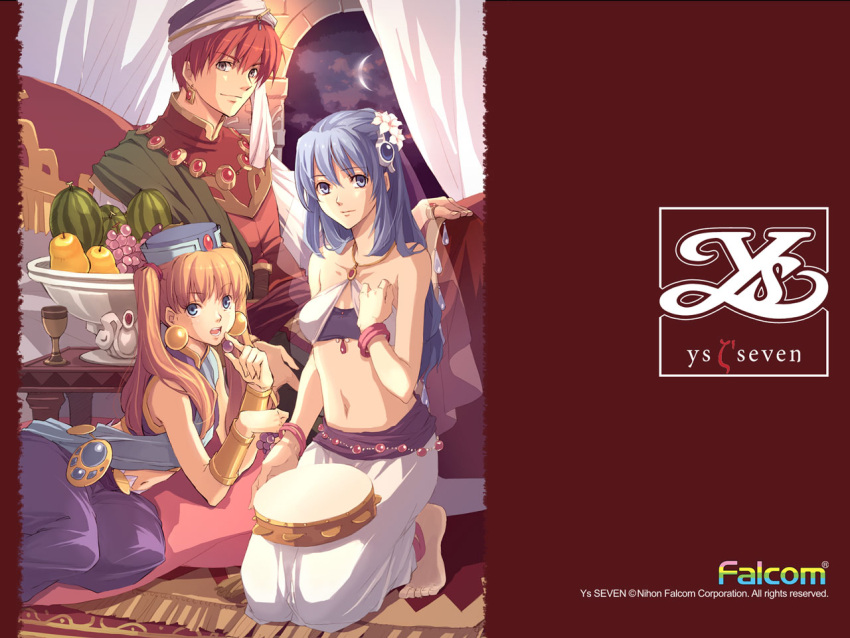 1boy, 2girls, adol_christin, aisha_(ys), aisha_(ys7), aisha_(ys_vii), aisha_sari_edonas, arabian
