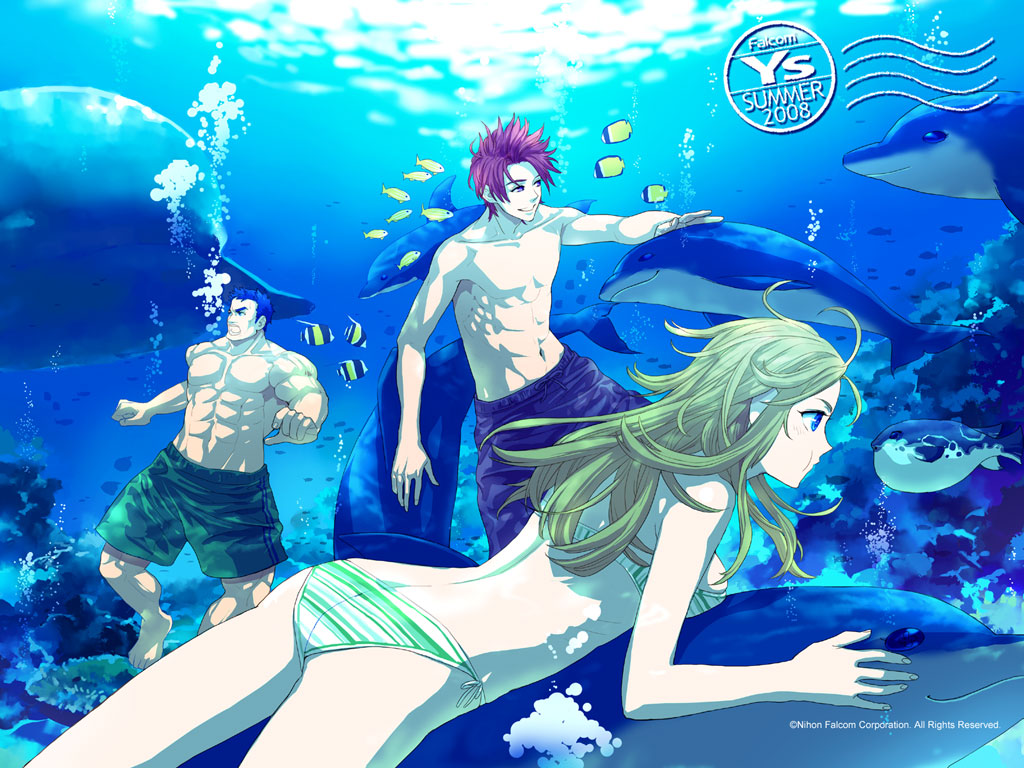 1girl, 2008, 2boys, adol_christin, aisha_(ys), aisha_(ys7), aisha_(ys_vii), aisha_sari_edonas, artist_request, ass, bikini, blonde_hair, blue_eyes, blue_hair, copyright_name, dogi, dolphin, falcom, fish, long_hair, multiple_boys, muscle, navel, redhead, shirtless, shorts, smile, striped, striped_bikini, striped_swimsuit, swimsuit, underwater, whale, ys, ys_seven