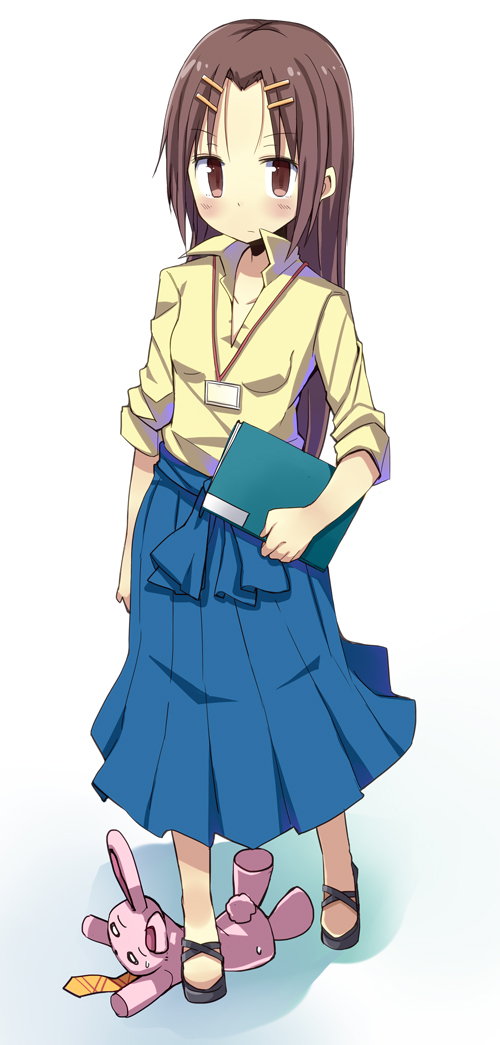 1girl, amaa_(chou_dennou_jidai), brown_eyes, brown_hair, chihaya_megumi, folder, hair_ornament, hairclip