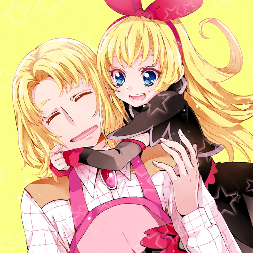 1boy, 1girl, apron, arm_warmers, blonde_hair, blue_eyes, bow, cheek_pull