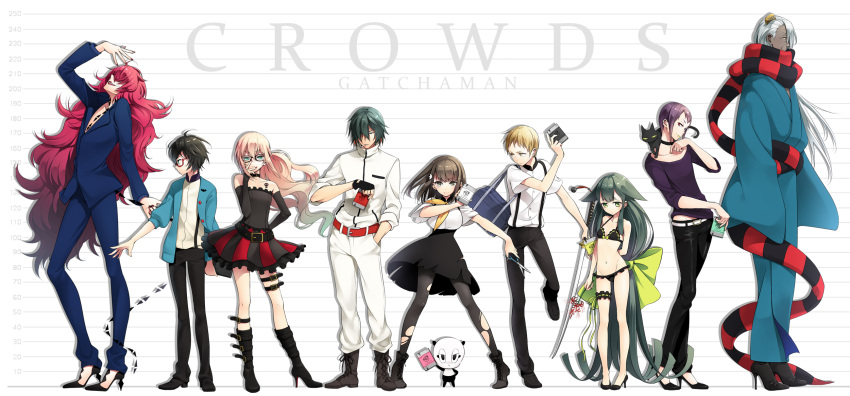 3girls, 6+boys, bag, bare_shoulders, belt, berg_katse, bikini, black_bikini, black_hair, blonde_hair, boots, brown_eyes, brown_hair, cat, cigarette, copyright_name, cross-laced_footwear, dark_skin, dress, frilled_bikini, frills, gatchaman_crowds, glasses, green_eyes, green_hair, hair_over_one_eye, hand_in_pocket, hibiki_joe, highres, ichinose_hajime, j.j._robison, katana, leg_garter, long_hair, looking_at_viewer, multiple_boys, multiple_girls, ninomiya_rui, notepad, o.d., paiman, pantyhose, ponytail, purple_hair, red-framed_glasses, redhead, scissors, short_hair, smile, swimsuit, sword, tachibana_sugune, taishou_tanaka, torn_pantyhose, utsutsu, very_long_hair, weapon, white_hair