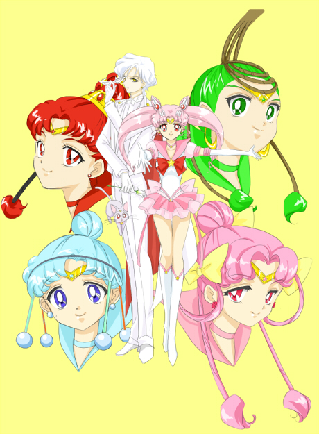 1boy, 5girls, aqua_eyes, aqua_hair, bishoujo_senshi_sailor_moon, bow, cape, chibi_usa