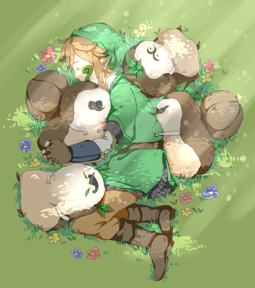 blonde_hair, erla, flower, gloves, hat, highres, hug, kikwi