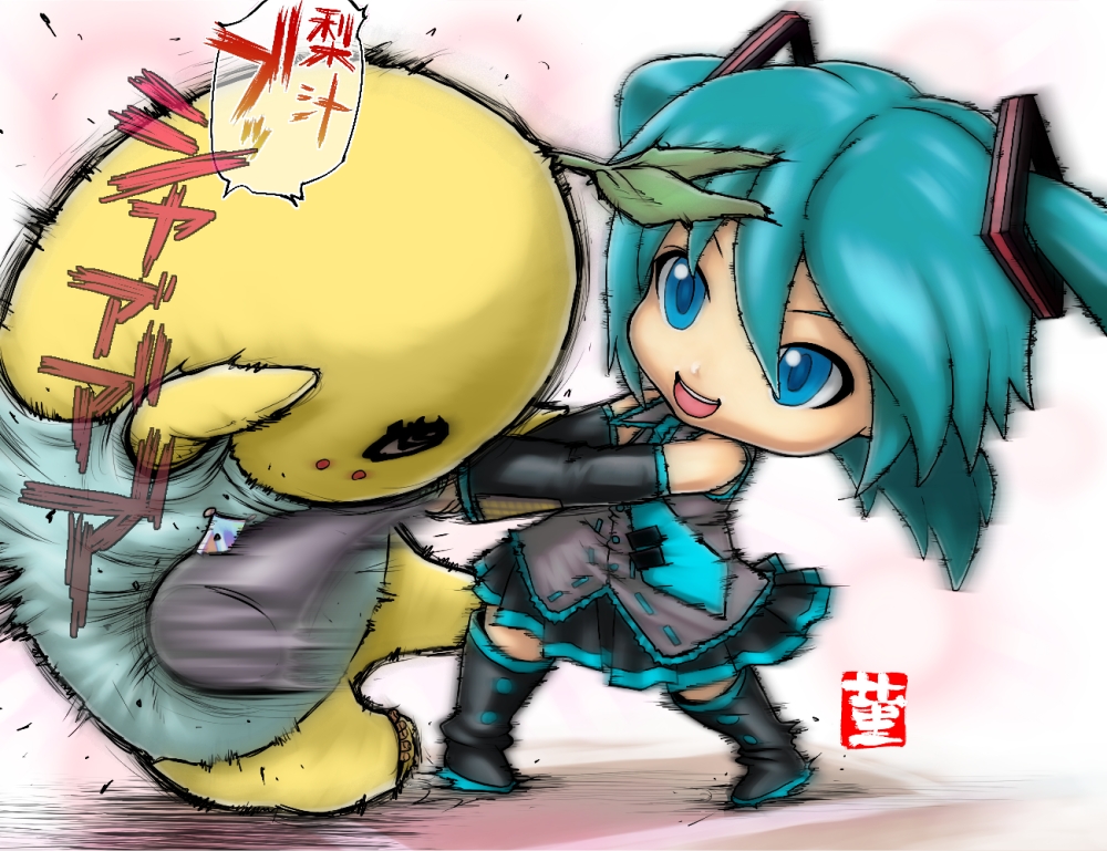 1girl, aqua_hair, baseball_bat, blue_eyes, boots, detached_sleeves, hatsune_miku, hitting, mikudayo, necktie, skirt, vocaloid, yae_no_sumire