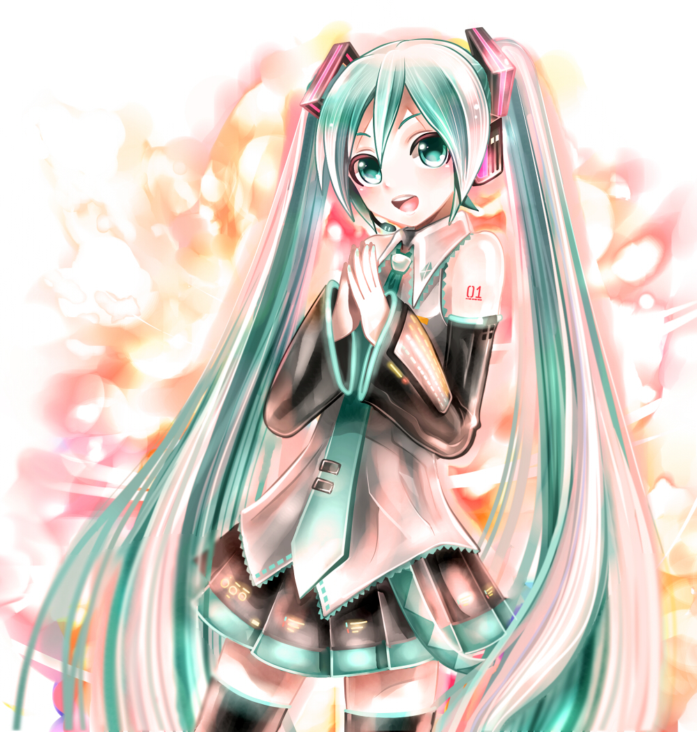 1girl, aqua_eyes, aqua_hair, detached_sleeves, hatsune_miku, headset, long_hair, necktie, open_mouth, rara_(20rupi3), skirt, solo, thighhighs, twintails, very_long_hair, vocaloid