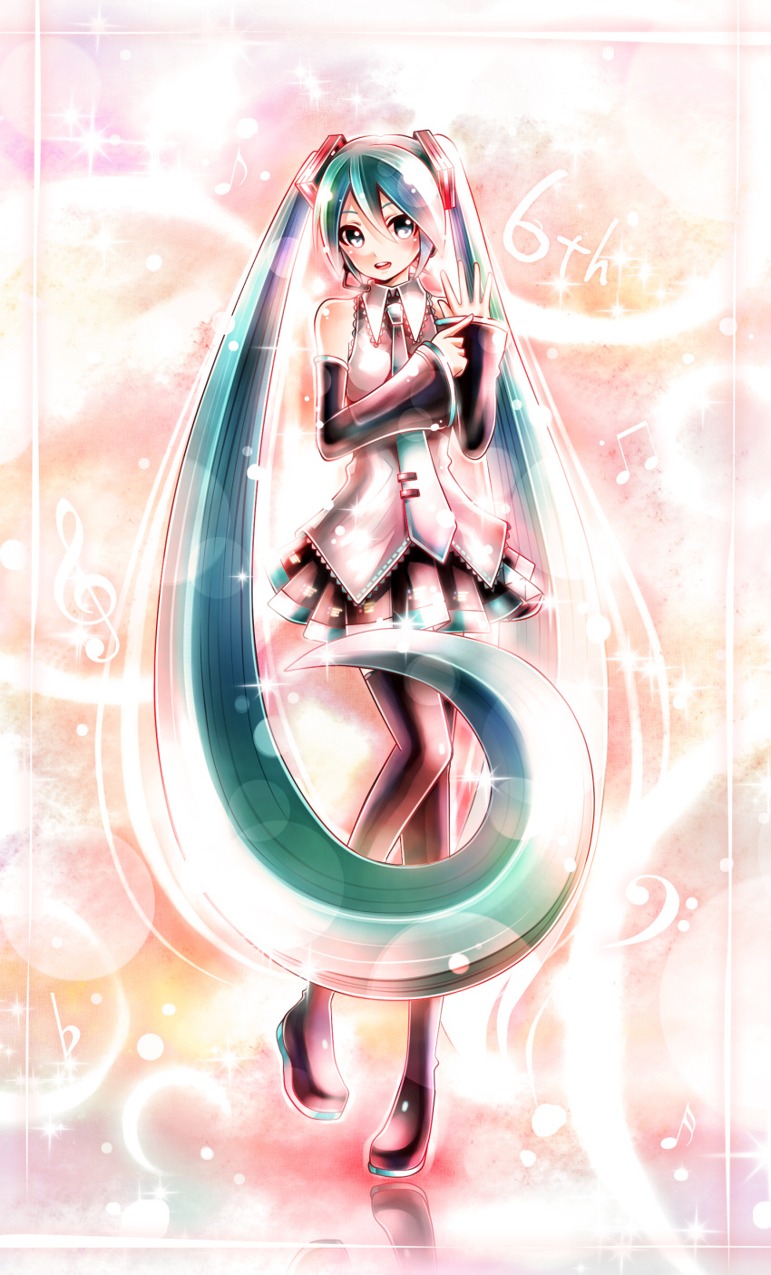 1girl, absurdres, aqua_eyes, aqua_hair, blush, boots, detached_sleeves, hatsune_miku, headset, highres, long_hair, musical_note, necktie, rara_(20rupi3), skirt, solo, thigh_boots, thighhighs, twintails, very_long_hair, vocaloid