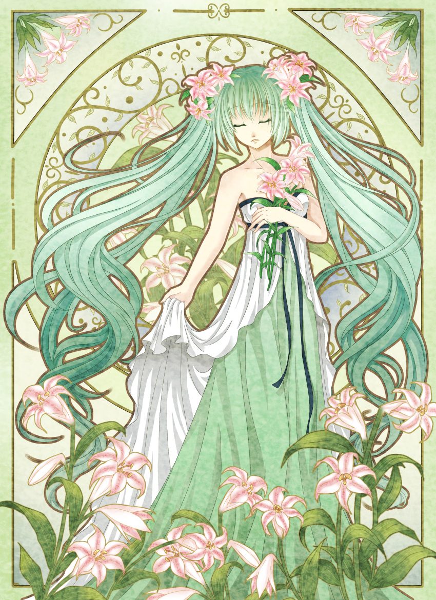 1girl, absurdres, closed_eyes, dress, elsa_(g557744), flower, green_hair, hair_flower
