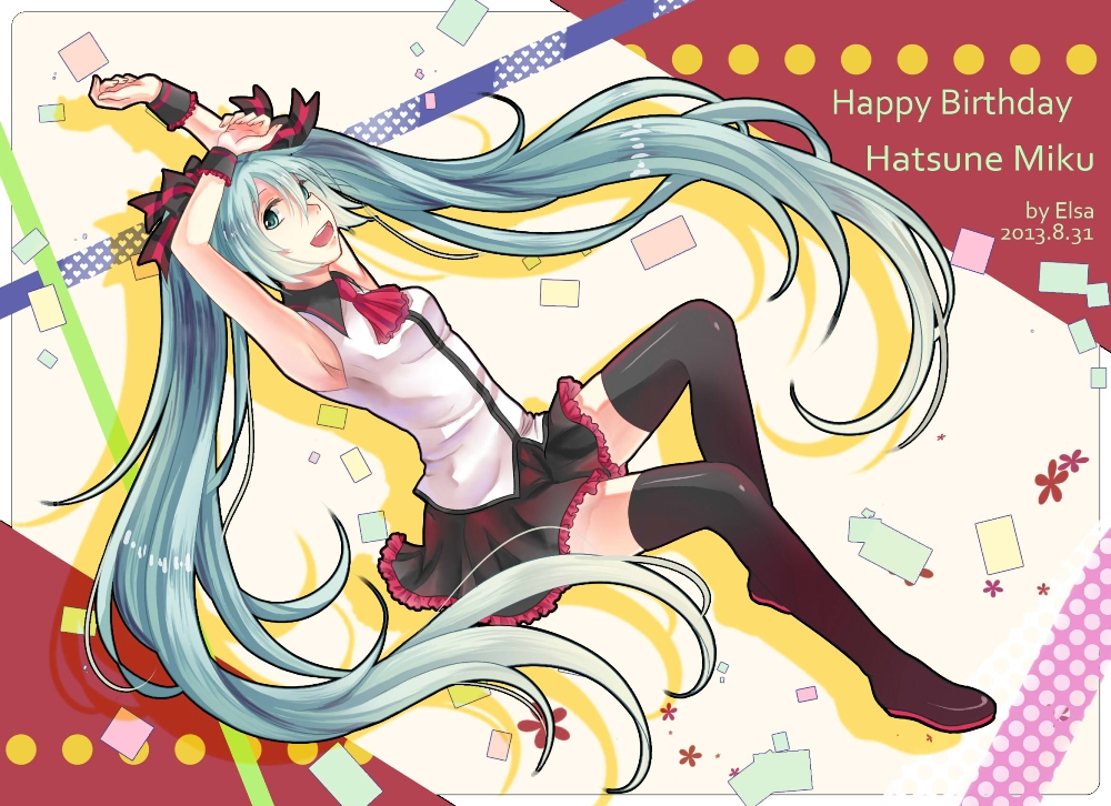 1girl, 2013, aqua_eyes, aqua_hair, armpits, arms_up, artist_name, boots