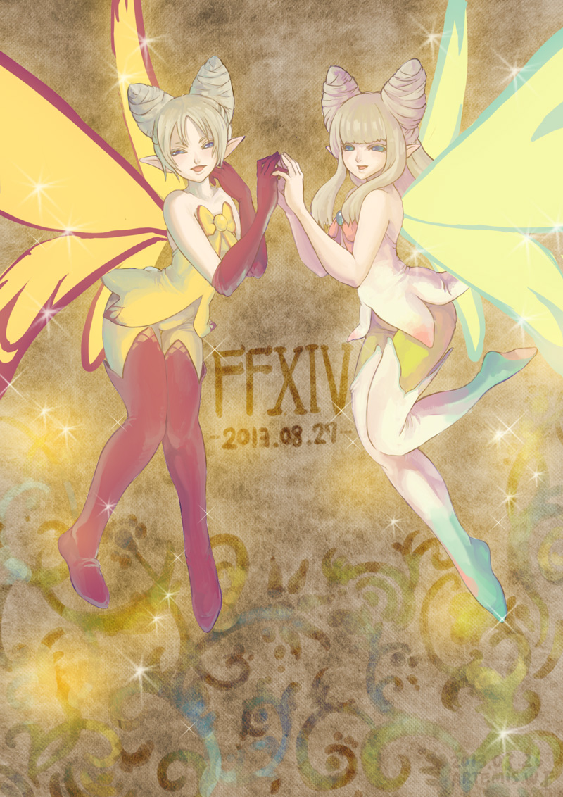 artemis_wf, bare_shoulders, blonde_hair, blue_eyes, bow, double_bun, elbow_gloves, fairy, final_fantasy, final_fantasy_xiv, gloves, hair_bun, holding_hands, pointy_ears, smile, sparkle, thigh-highs, wings