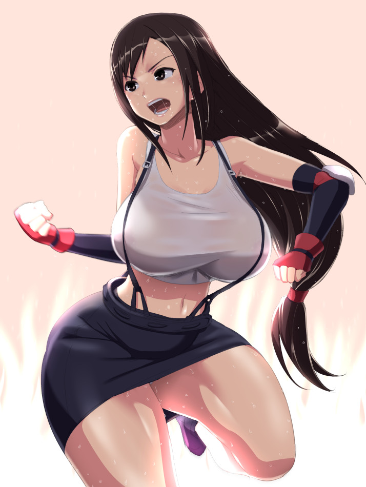 1girl, bare_shoulders, black_hair, breasts, brown_eyes, dripping, final_fantasy, final_fantasy_vii, fingernails, flying_sweatdrops, huge_breasts, long_hair, midriff, navel, skirt, solo, suspenders, sweat, sweating, tank_top, thick_thighs, thighs, tifa_lockhart, toire_komoru, very_long_hair, wet, wide_hips
