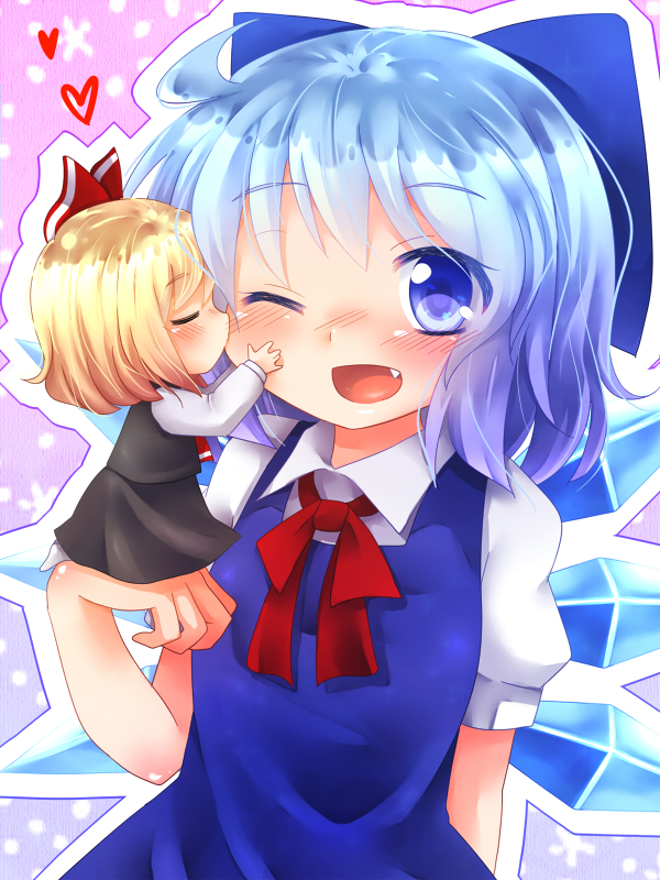 2girls, ascot, blonde_hair, blue_eyes, blue_hair, blush, bow, cirno