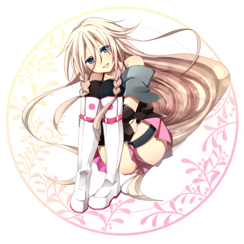 1girl, :d, blue_eyes, boots, braid, brown_hair, highres, ia_(vocaloid)