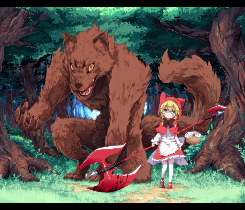 1girl, animal, apron, ayakashi_(monkeypanch), basket, battle_axe, blonde_hair, blood, bloody_weapon, blue_eyes, bow, braid, capelet, fangs, forest, grass, hat, hat_with_ears, highres, hood, huge_weapon, letterboxed, little_red_riding_hood, little_red_riding_hood_(grimm), long_sleeves, looking_at_viewer, nature, original, oversized_animal, red_eyes, red_shoes, shoes, smile, tree, twin_braids, vines, weapon, wolf
