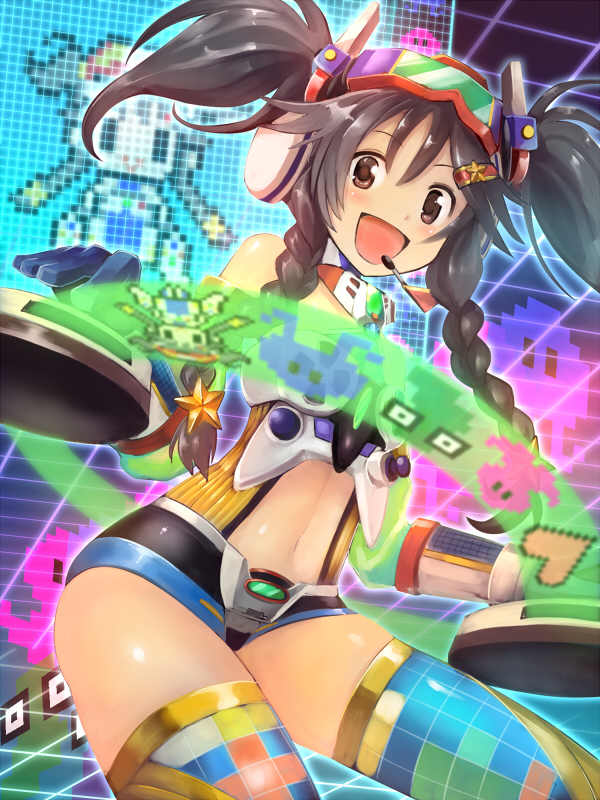 1girl, bare_shoulders, black_hair, blue_legwear, blush, braid, brown_eyes, edobox