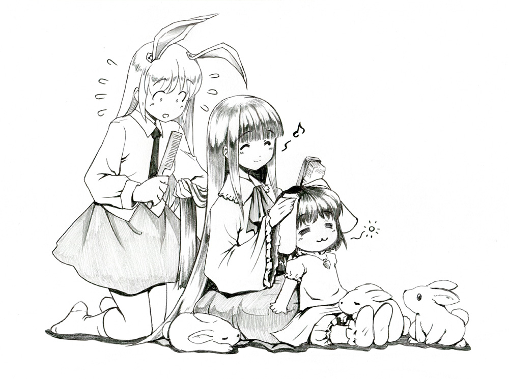 3girls, :3, =_=, animal_ears, bloomers, carrot, closed_eyes, combing