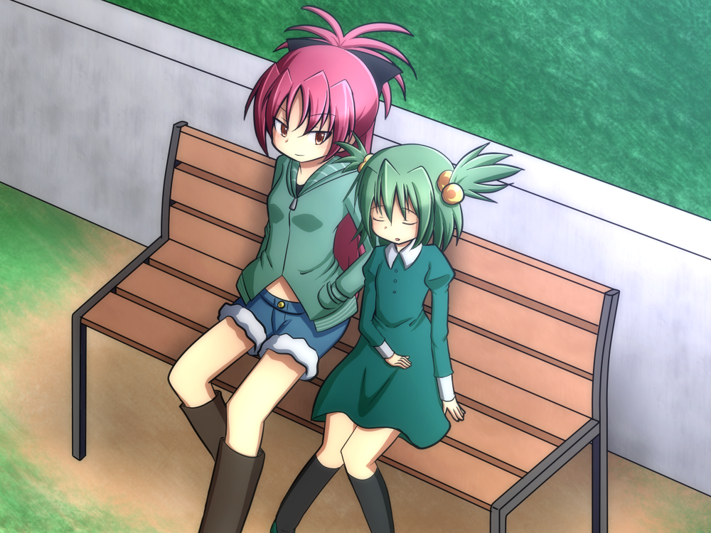 2girls, bench, boots, bow, chitose_yuma, closed_eyes, cutoffs, dress, green_dress, green_hair, hair_bobbles, hair_bow, hair_ornament, hand_in_pocket, hand_on_lap, hoodie, juliet_sleeves, koa_(pixiv), long_sleeves, mahou_shoujo_madoka_magica, mahou_shoujo_oriko_magica, multiple_girls, parted_lips, ponytail, puffy_sleeves, red_eyes, redhead, sakura_kyouko, short_twintails, sitting, sleeping, twintails