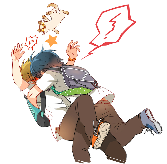 2boys, backpack, bag, blue_hair, blush, brown_hair, cat, free!