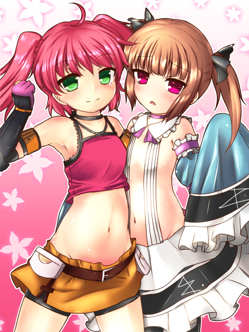 ahoge, arm_guards, bare_shoulders, bike_shorts, black_legwear, blush, brown_hair, elbow_gloves, gloves, green_eyes, gunslinger_stratos, highres, hug, long_sleeves, looking_at_viewer, mellpon, midriff, navel, open_mouth, pink_hair, red_eyes, rindo_sidune, shinou_matsurika, short_hair, skirt, tank_top, twintails