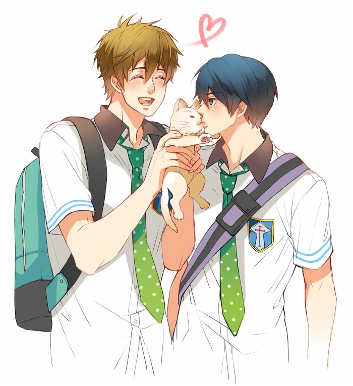 2boys, ^_^, backpack, bag, blue_eyes, blue_hair, brown_hair, cat
