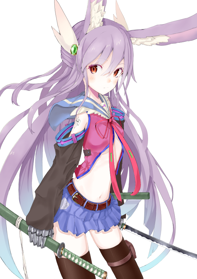 1girl, animal_ears, belt, brown_legwear, detached_sleeves, dual_persona, hair_ornament, katana, long_hair, long_sleeves, looking_at_viewer, metal_gloves, midriff, miniskirt, navel, open_clothes, open_shirt, original, purple_hair, rabbit_ears, red_eyes, skirt, solo, sword, thighhighs, tsunotsuki_(uguisu_maccha), very_long_hair, weapon, zettai_ryouiki