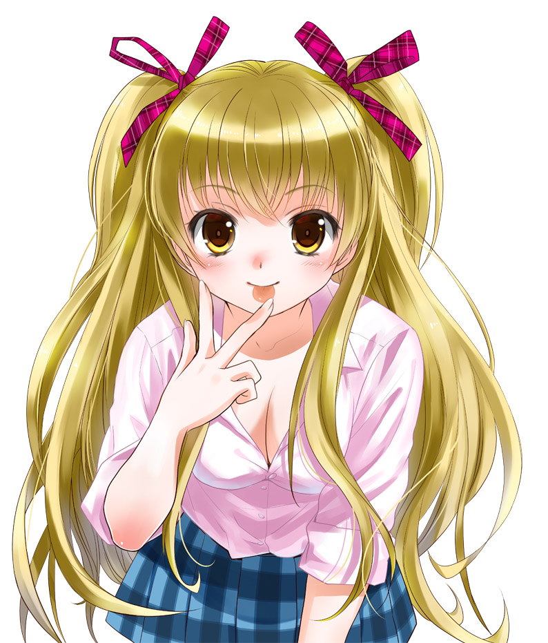 :p, blonde_hair, breasts, cleavage, hair_ribbon, long_hair, looking_at_viewer, ooshima_towa