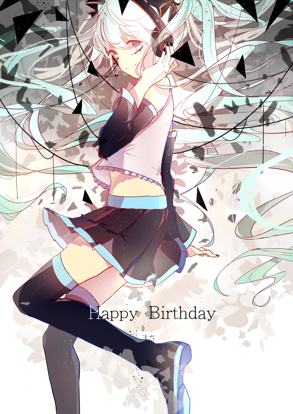 1girl, boots, detached_sleeves, happy_birthday, hatsune_miku, headphones, highres, long_hair