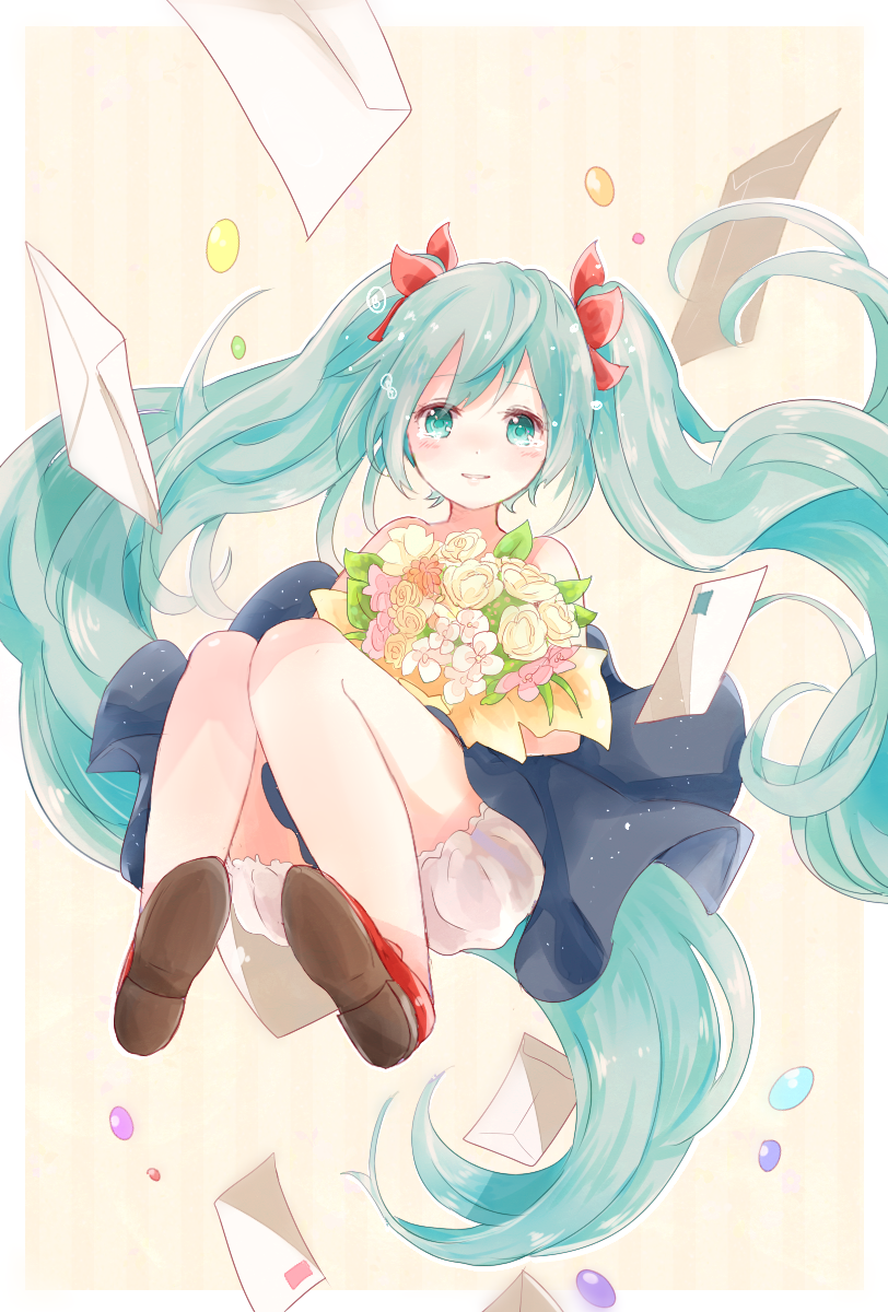 aqua_eyes, aqua_hair, as8521, bouquet, flower, hatsune_miku, highres, long_hair, smile, tears, twintails, vocaloid