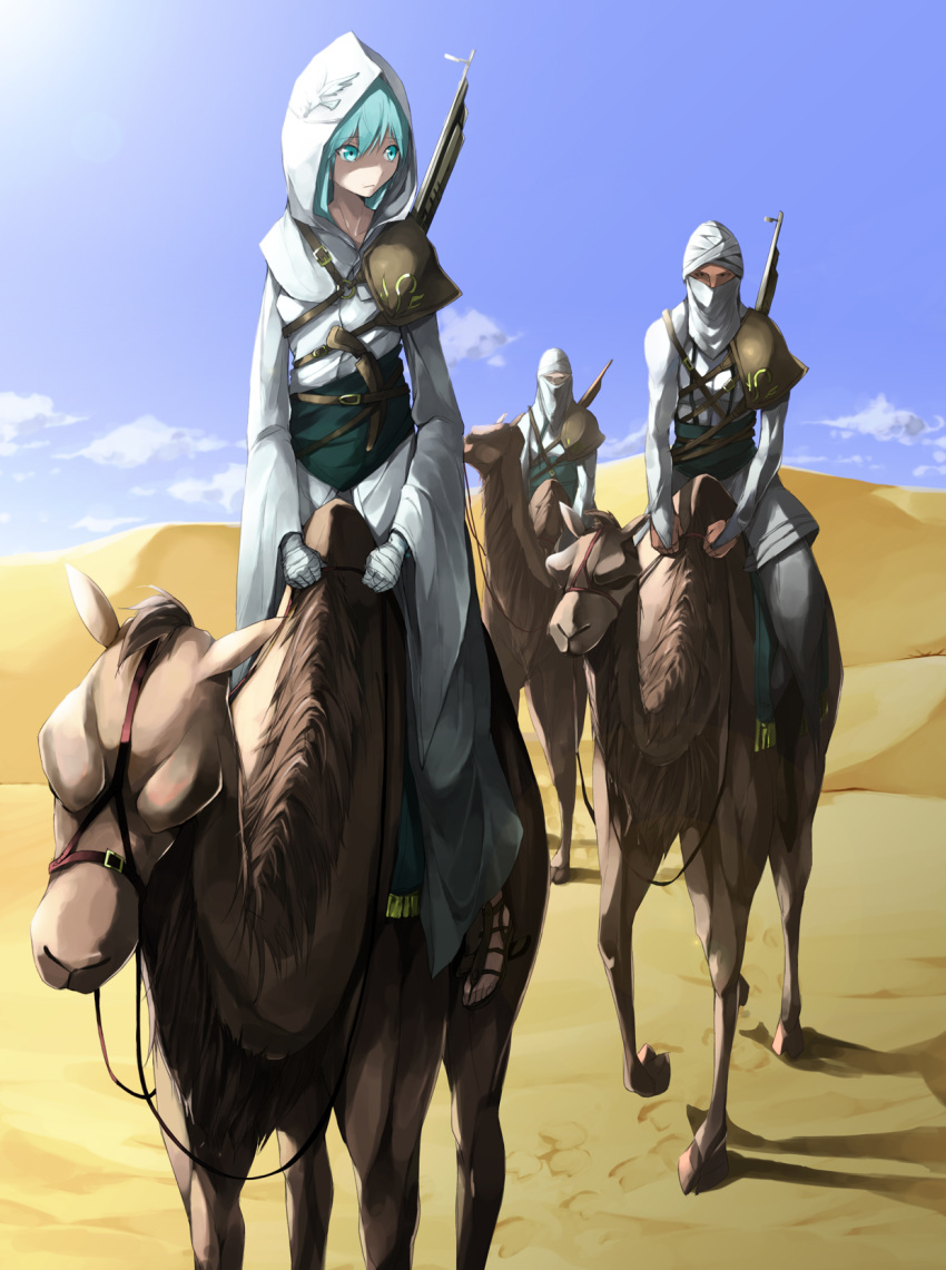aqua_eyes, aqua_hair, camel, desert, highres, original, tyappygain