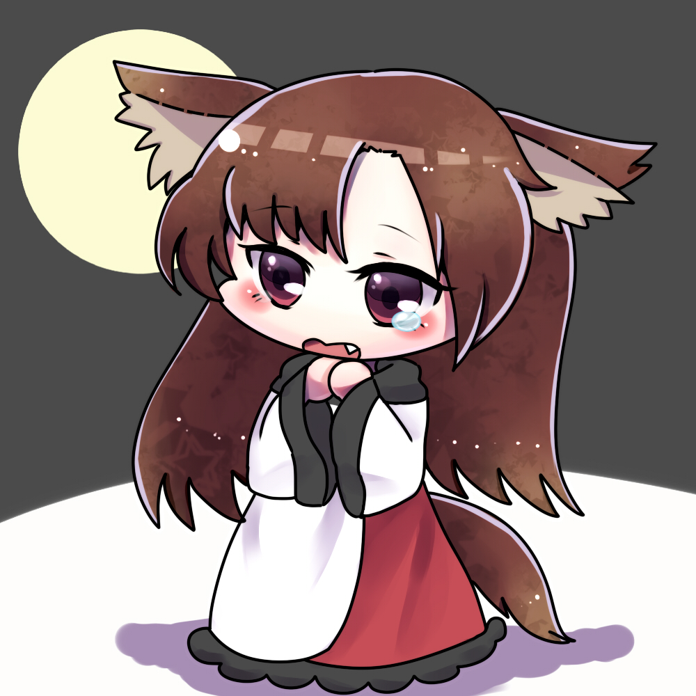1girl, animal_ears, averted_eyes, brown_hair, chibi, fang, full_moon, grey_background