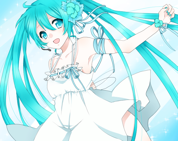 1girl, aqua_eyes, aqua_hair, dress, hatsune_miku, long_hair, nail_polish, open_mouth, solo, twintails, very_long_hair, vocaloid, yuzu3001