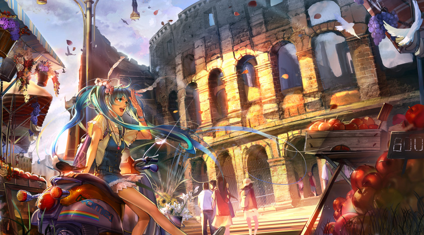 apple, aqua_eyes, aqua_hair, arm_support, bird, bracelet, building, colosseum