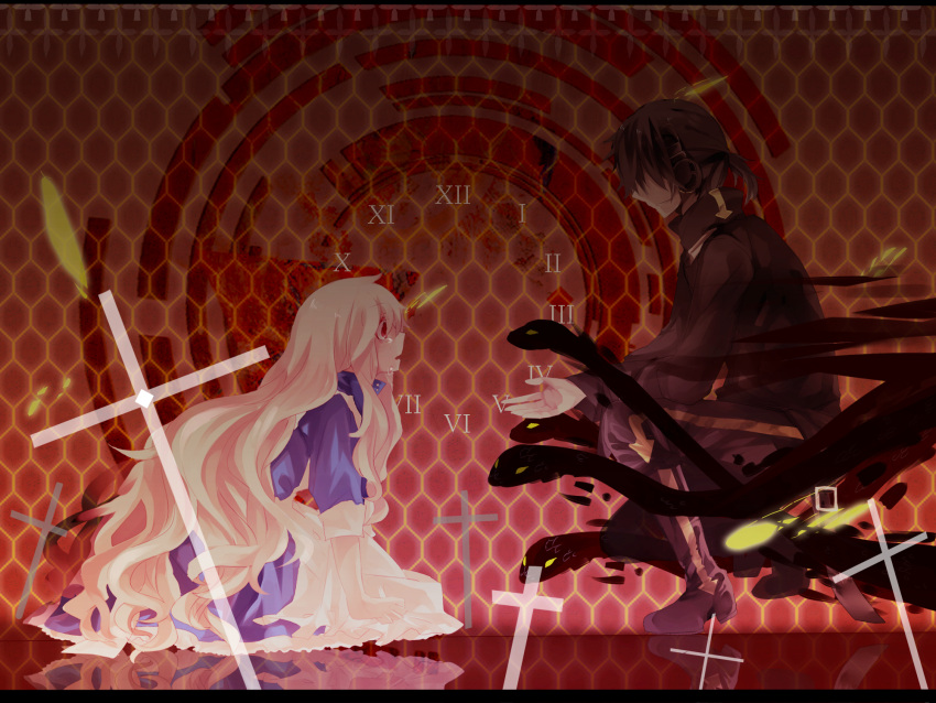 1boy, 1girl, aki_(a2006p1074), black_hair, blonde_hair, clock, cross, directional_arrow