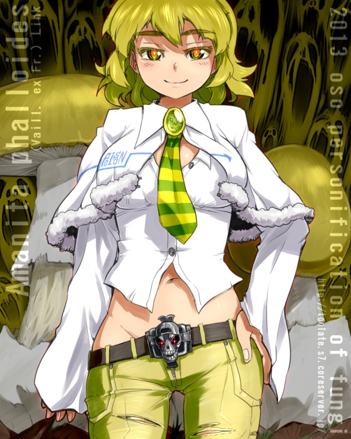 1girl, amanita_phalloides, belt, blonde_hair, breasts, glowing, glowing_eyes, mushroom, navel, original, oso_(toolate), pants, personification, smile, yellow_eyes