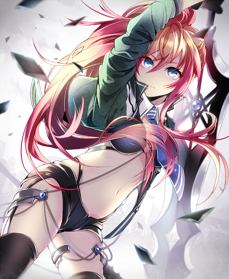 1girl, backlighting, black_bra, black_legwear, black_panties, blue_eyes, boots, bra
