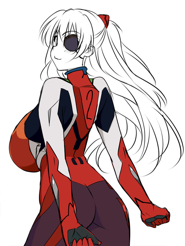 1girl, ass, bodysuit, breasts, cosplay, evangelion:_3.0_you_can_(not)_redo, eyepatch, from_behind, hairpods, huge_breasts, kamia_(not_found), long_hair, matsuoka_kiyone, neon_genesis_evangelion, original, partially_colored, plugsuit, rebuild_of_evangelion, shikinami_asuka_langley, shikinami_asuka_langley_(cosplay), solo, souryuu_asuka_langley, twintails