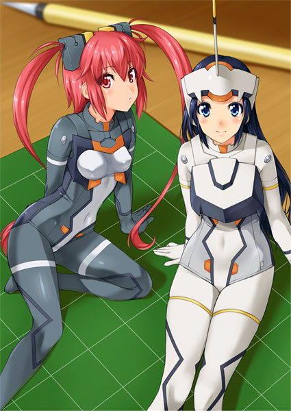 arm_support, blue_eyes, blue_hair, blush, bodysuit, headgear, kamia_(not_found), kasuga_aya