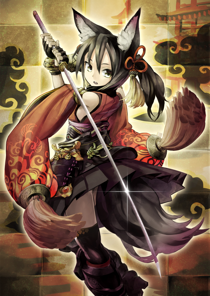1girl, animal_ears, armor, bare_shoulders, black_gloves, black_hair, black_legwear, boots