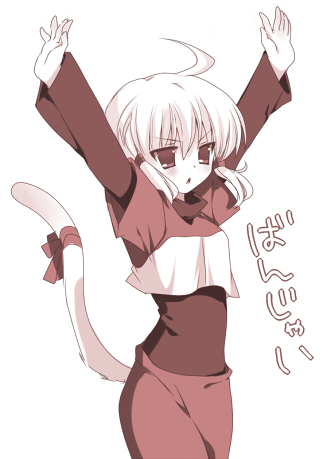 arms_up, final_fantasy, final_fantasy_ix, mikoto_(ffix), monochrome, rate_(pixiv), short_hair, tail