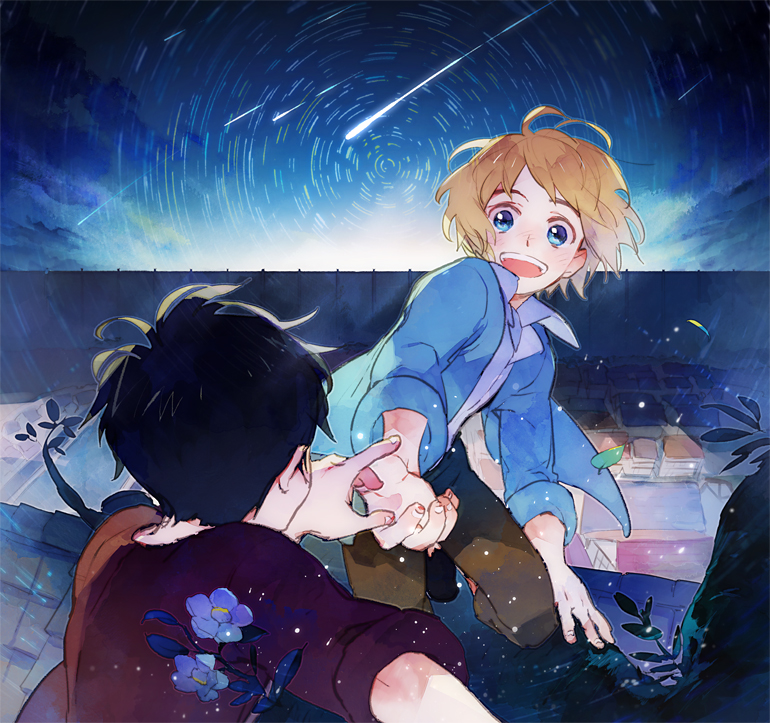 21grams, 2boys, :d, armin_arlert, black_hair, blonde_hair, blue_eyes, blush