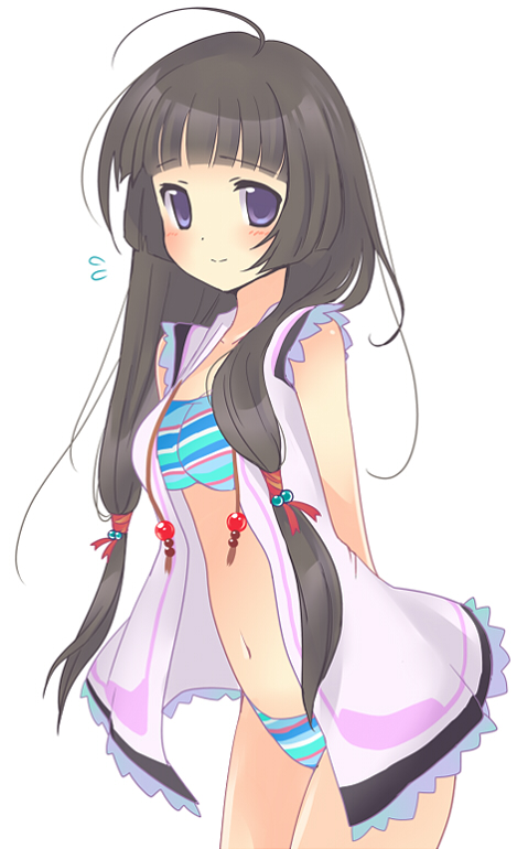 1girl, bikini, black_hair, ebi_shamo, kohak_hearts, long_hair, low-tied_long_hair, open_clothes