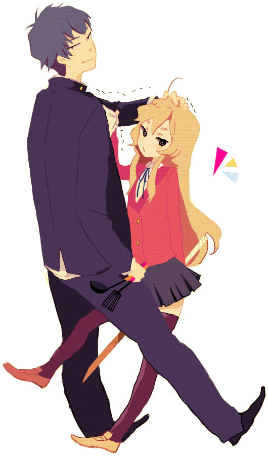 1boy, 1girl, aisaka_taiga, black_eyes, black_hair, blazer, brown_hair, female