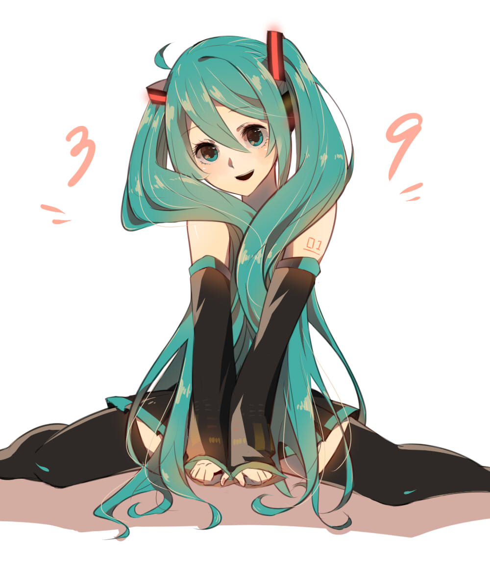 1girl, 39, ahoge, aqua_eyes, aqua_hair, detached_sleeves, fullc8, hatsune_miku