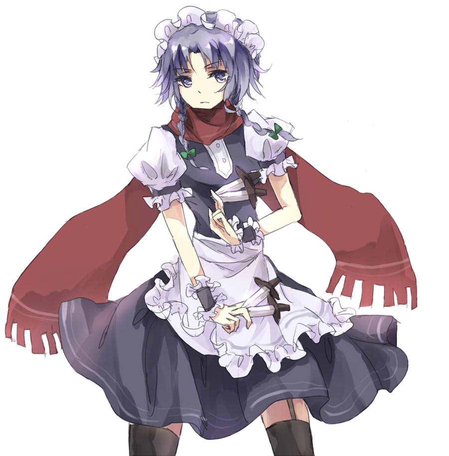 1girl, aeolus, apron, arm_garter, between_fingers, black_legwear, blue_dress, dress
