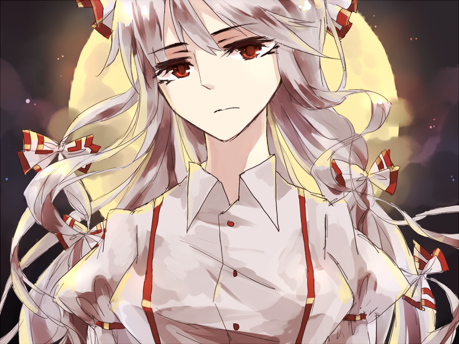 1girl, aeolus, backlighting, bust, expressionless, fujiwara_no_mokou, full_moon, hair_ribbon
