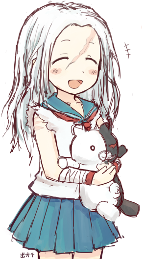 1girl, ^_^, bandages, closed_eyes, dangan_ronpa, hemoglo, monokuma, oogami_sakura
