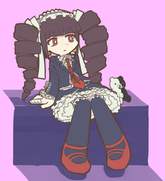 1girl, black_hair, black_legwear, bonnet, celestia_rudenberk, dangan_ronpa, drill_hair, gothic_lolita, hemoglo, kneehighs, lolita_fashion, monokuma, necktie, panty_&amp;_stocking_with_garterbelt, parody, red_eyes, sitting, style_parody, twin_drills