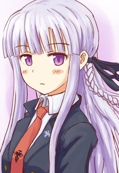 1girl, braid, bust, dangan_ronpa, hair_ribbon, hemoglo, jacket, kirigiri_kyouko, necktie, purple_hair, ribbon, side_braid, violet_eyes