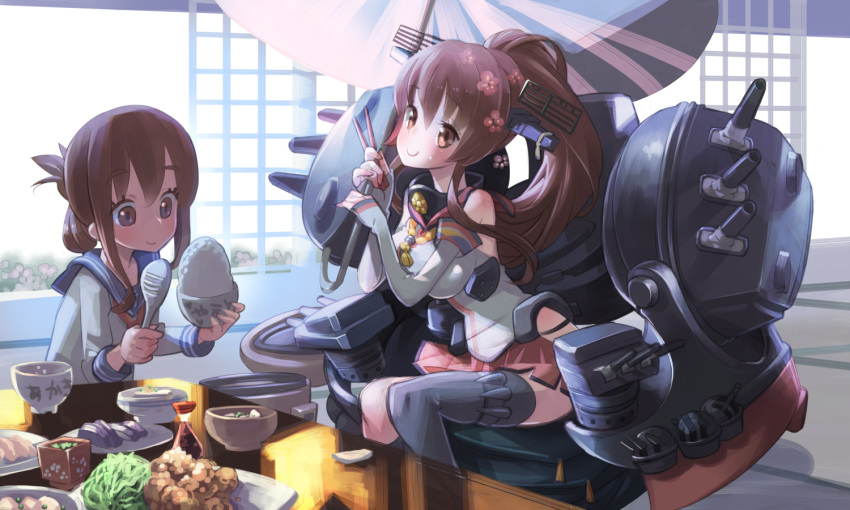 2girls, bare_shoulders, bird, blush, bowl, brown_eyes, brown_hair, cherry_blossoms